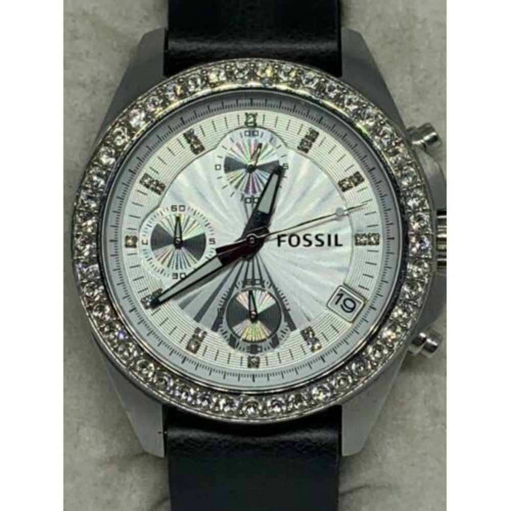 Fossil ES2681 Decker Women's Black Leather Analog Silver Dial Quartz Watch Aa54
